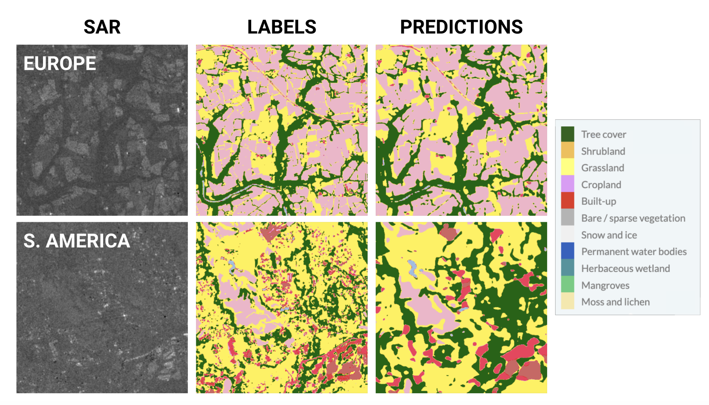 Figure 1 from Allen et al., 2023 showing a representation of the raw SAR data, and the model predictions and ground truth labels.